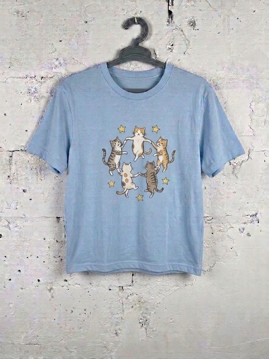 Gildan Tops - Gildan Light Blue Tee with Playful Cat Circle Graphic